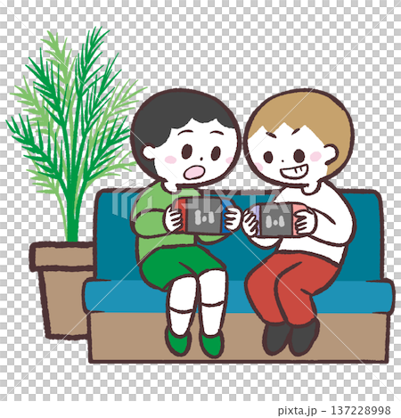 Illustration of children sitting on a sofa and playing games side by side Illustration of children sitting on a sofa and playing games side by side 137228998
