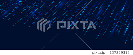 Blue abstract background with binary code Rain. Matrix for computer technology. Cyber security and futuristic depth in science fiction art. Vector illustration 137229353