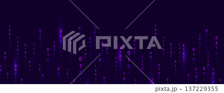 Futuristic programming symbols and violet binary code matrix. Abstract cyber art with security theme. Science fiction depth or modern design. Vector illustration Futuristic programming symbols and violet binary code matrix. Abstract cyber art with security theme. Science fiction depth or modern design. Vector illustration 137229355
