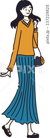 春の装いで外出する女性のイラスト　青色のスカート 137229828