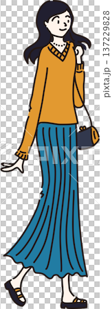 春の装いで外出する女性のイラスト　青色のスカート 137229828