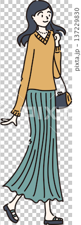春の装いで外出する女性のイラスト　緑のスカート 137229830