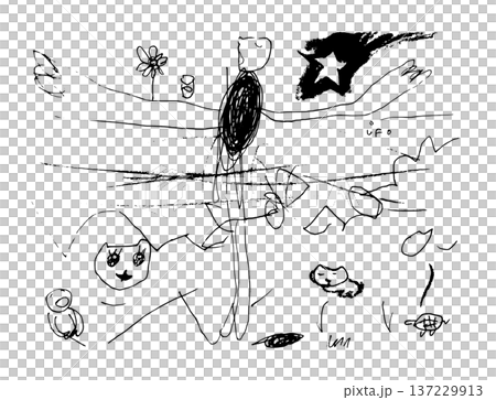 Monochrome line drawing illustration of a mysterious figure singing with a cat, turtle, and UFO, hand-drawn with a pen 137229913