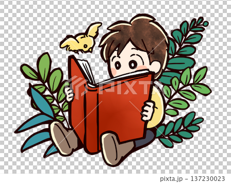 A boy sitting and reading a book A boy sitting and reading a book 137230023