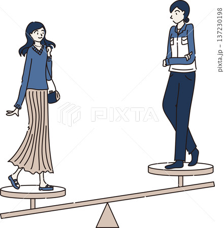 女性のワークライフバランスを表したイラスト　青色の制服　プライベートに偏る 137230198