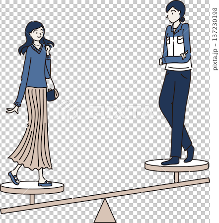 女性のワークライフバランスを表したイラスト　青色の制服　プライベートに偏る 137230198