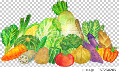 Illustration of a mountain of vegetables oil pastel drawing Illustration of a mountain of vegetables oil pastel drawing 137230263