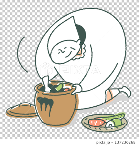 一位老婦人在醃製蔬菜 137230269