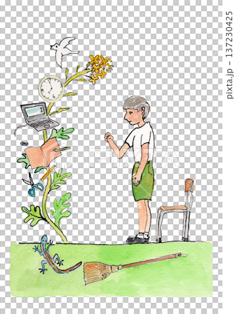 Watercolor illustration of a boy standing with a school image 137230425