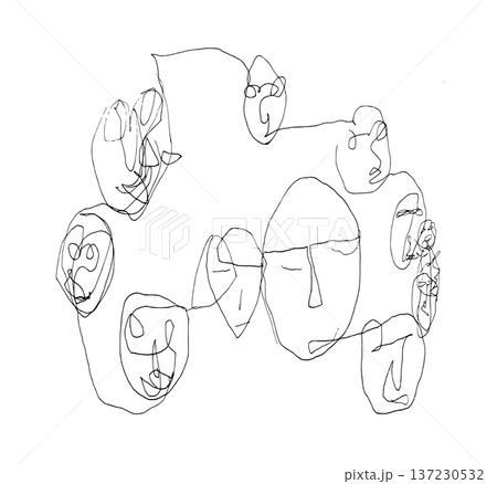 一筆書きの線が多様な顔になり円で繋がっている様子をペンで手描きしたモノクロの線画イラスト素材 137230532