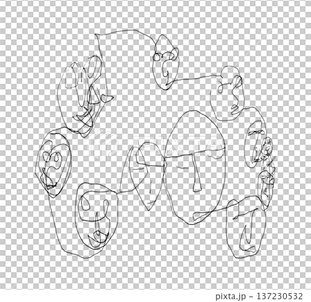一筆書きの線が多様な顔になり円で繋がっている様子をペンで手描きしたモノクロの線画イラスト素材 137230532