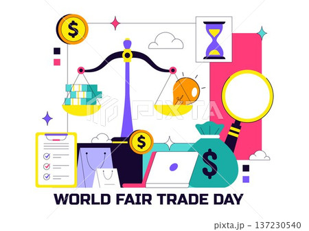 World Fair Trade Day Vector Illustration on May 11 with Gold Coins, Scales, and Hammer for Climate Justice and Planetary Economy in Flat Background World Fair Trade Day Vector Illustration on May 11 with Gold Coins, Scales, and Hammer for Climate Justice and Planetary Economy in Flat Background 137230540