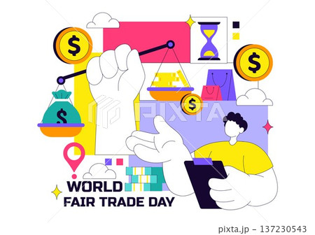 World Fair Trade Day Vector Illustration on May 11 with Gold Coins, Scales, and Hammer for Climate Justice and Planetary Economy in Flat Background 137230543