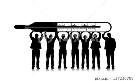 Black Solid Analyst Silhouettes Holding Giant Thermometer Set of Six on White Background 137230709