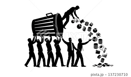 Black Solid Analyst Silhouettes Holding Giant Trash Can Set of Six on White Background 137230710