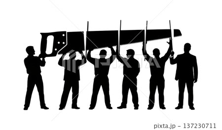 Black Solid Analyst Silhouettes Holding Giant Saw Set of Six on White Background Black Solid Analyst Silhouettes Holding Giant Saw Set of Six on White Background 137230711