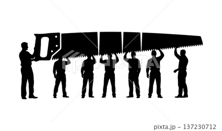 Black Solid Analyst Silhouettes Holding Giant Saw Set of Six on White Background 137230712