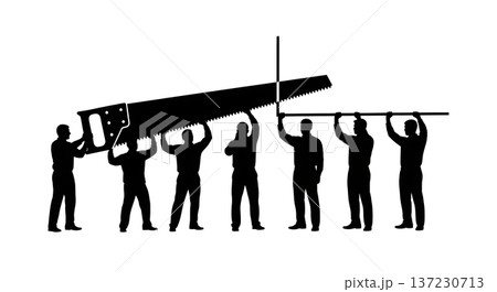 Black Solid Analyst Silhouettes Holding Giant Saw Set of Six on White Background 137230713