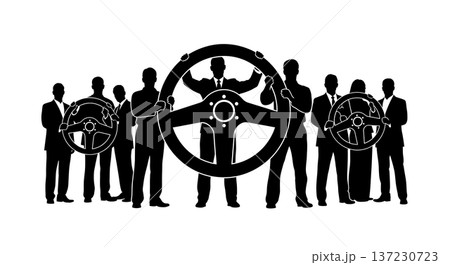 Black Solid Analyst Silhouettes Holding Giant Steering Wheel Set of Six on White Background Black Solid Analyst Silhouettes Holding Giant Steering Wheel Set of Six on White Background 137230723