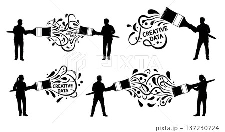 Black Solid Analyst Silhouettes Holding Giant Paintbrush Set of Six on White Background Black Solid Analyst Silhouettes Holding Giant Paintbrush Set of Six on White Background 137230724