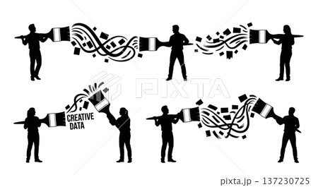 Black Solid Analyst Silhouettes Holding Giant Paintbrush Set of Six on White Background 137230725