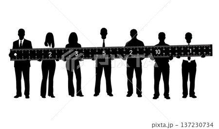 Black Solid Analyst Silhouettes Holding Giant Ruler Set of Six on White Background Black Solid Analyst Silhouettes Holding Giant Ruler Set of Six on White Background 137230734