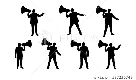 Black Solid Analyst Silhouettes Holding Giant Megaphone Set of Six on White Background 137230743