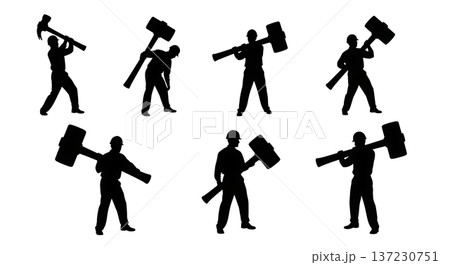Black Solid Analyst Silhouettes Holding Giant Hammer Set of Six on White Background 137230751