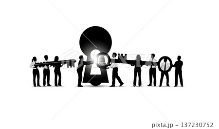 Black Solid Analyst Silhouettes Holding Giant Key Set of Six on White Background Black Solid Analyst Silhouettes Holding Giant Key Set of Six on White Background 137230752
