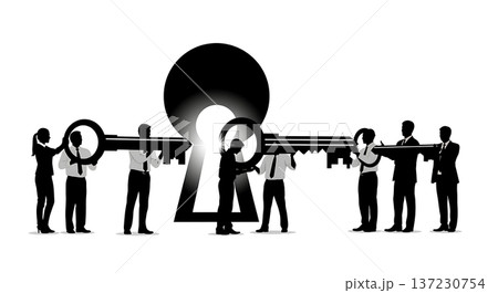 Black Solid Analyst Silhouettes Holding Giant Key Set of Six on White Background Black Solid Analyst Silhouettes Holding Giant Key Set of Six on White Background 137230754