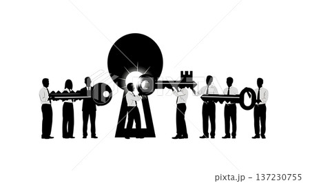 Black Solid Analyst Silhouettes Holding Giant Key Set of Six on White Background 137230755