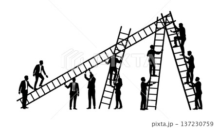 Black Solid Analyst Silhouettes Holding Giant Ladder Set of Six on White Background Black Solid Analyst Silhouettes Holding Giant Ladder Set of Six on White Background 137230759