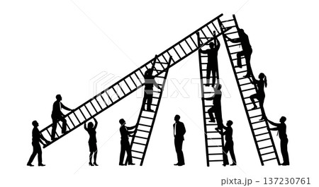 Black Solid Analyst Silhouettes Holding Giant Ladder Set of Six on White Background Black Solid Analyst Silhouettes Holding Giant Ladder Set of Six on White Background 137230761