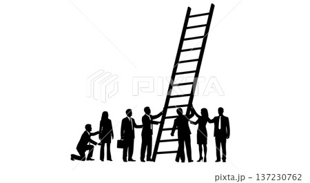 Black Solid Analyst Silhouettes Holding Giant Ladder Set of Six on White Background Black Solid Analyst Silhouettes Holding Giant Ladder Set of Six on White Background 137230762