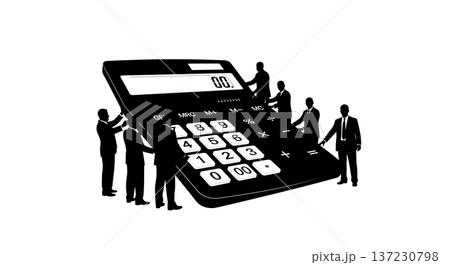 Black Solid Analyst Silhouettes Holding Giant Calculator Set of Six on White Background 137230798