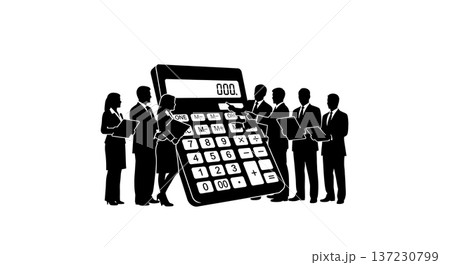 Black Solid Analyst Silhouettes Holding Giant Calculator Set of Six on White Background 137230799