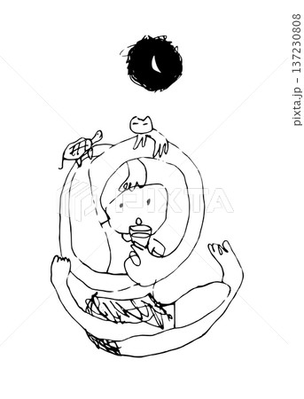 月夜に円を描く長い腕に亀や猫を乗せ水を飲む不思議な姿の人をペンで手描きしたモノクロの線画イラスト素材 月夜に円を描く長い腕に亀や猫を乗せ水を飲む不思議な姿の人をペンで手描きしたモノクロの線画イラスト素材 137230808