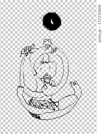 月夜に円を描く長い腕に亀や猫を乗せ水を飲む不思議な姿の人をペンで手描きしたモノクロの線画イラスト素材 月夜に円を描く長い腕に亀や猫を乗せ水を飲む不思議な姿の人をペンで手描きしたモノクロの線画イラスト素材 137230808