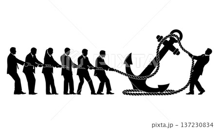 Black Solid Analyst Silhouettes Holding Giant Anchor Set of Six on White Background Black Solid Analyst Silhouettes Holding Giant Anchor Set of Six on White Background 137230834