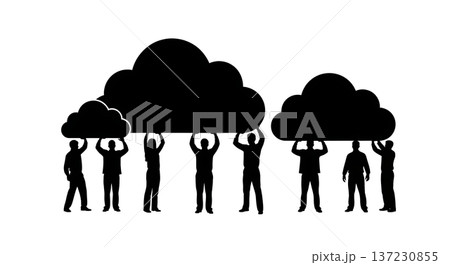 Black Solid Analyst Silhouettes Holding Cloud Shape Set of Six on White Background 137230855