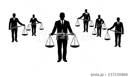 Black Solid Analyst Silhouettes Holding Balance Scale Set of Six on White Background 137230866