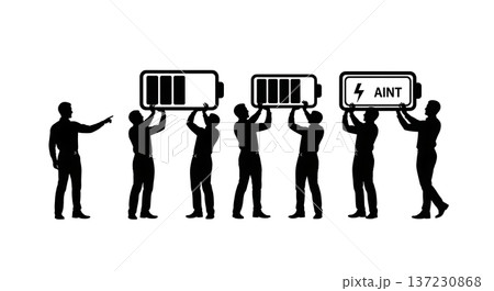 Black Solid Analyst Silhouettes Holding Battery Icon Set of Six on White Background Black Solid Analyst Silhouettes Holding Battery Icon Set of Six on White Background 137230868