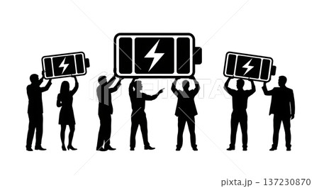 Black Solid Analyst Silhouettes Holding Battery Icon Set of Six on White Background Black Solid Analyst Silhouettes Holding Battery Icon Set of Six on White Background 137230870