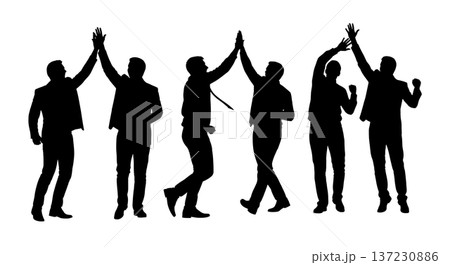 Black Solid Analyst Silhouettes High Fiving Success Set of Six on White Background 137230886