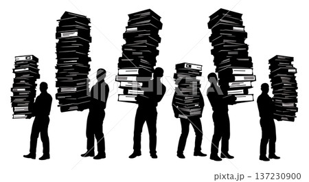 Black Solid Analyst Silhouettes Carrying Stacks Files Set of Six on White Background 137230900