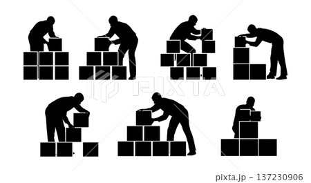 Black Solid Analyst Silhouettes Arranging Blocks Cubes Set of Six on White Background 137230906