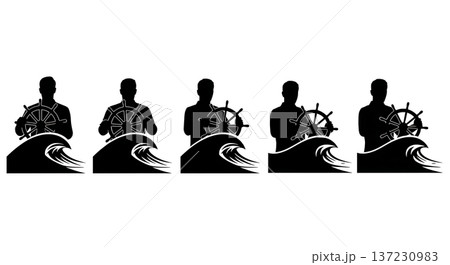 Black Solid Analyst Ship Wheel Silhouettes Set of Six on White Background Black Solid Analyst Ship Wheel Silhouettes Set of Six on White Background 137230983