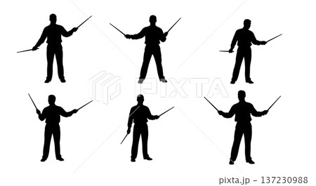 Black Solid Analyst Pointing Stick Silhouettes Set of Six on White Background Black Solid Analyst Pointing Stick Silhouettes Set of Six on White Background 137230988