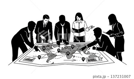 Black Solid Analyst Pointing Map Silhouettes Set of Six on White Background Black Solid Analyst Pointing Map Silhouettes Set of Six on White Background 137231007