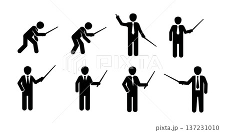 Black Solid Analyst Pointing Stick Silhouettes Set of Six on White Background Black Solid Analyst Pointing Stick Silhouettes Set of Six on White Background 137231010